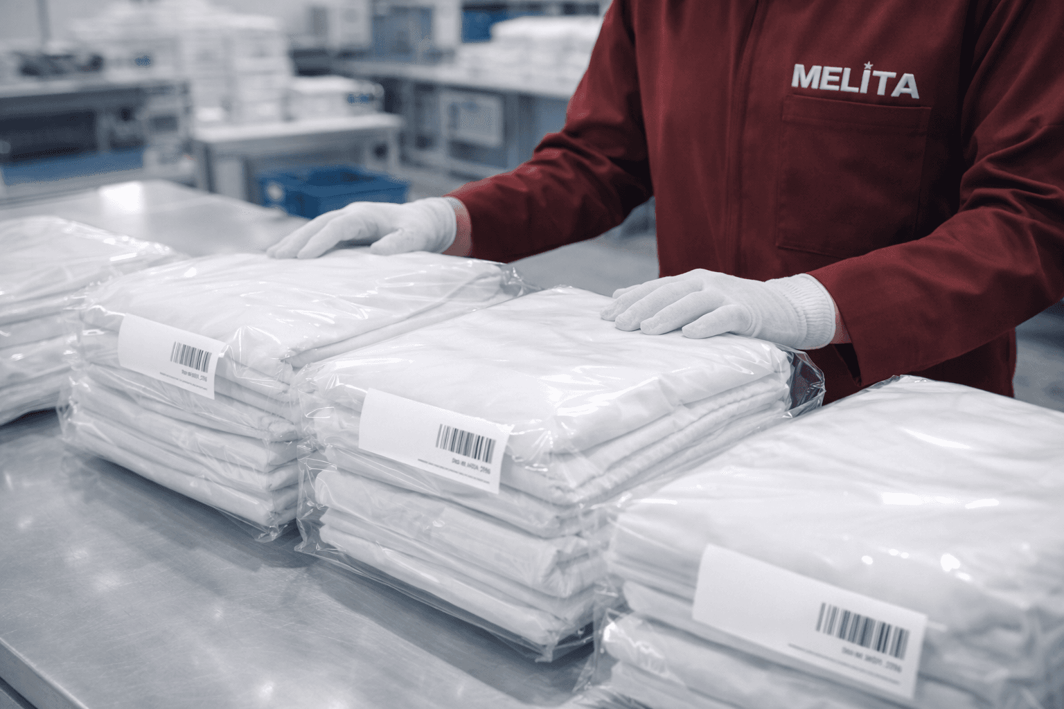 Paketlenmiş ve barkodlanmış nevresim ve havlular